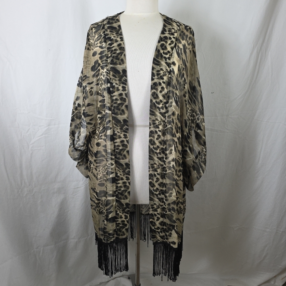 Steve Madden Leopard Fringe Festival Black One Size Plus Animal Print Sheer